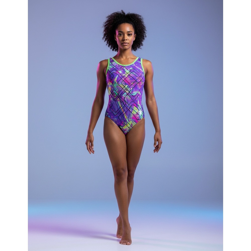 Snowflake Design Women Gymnastics Leotard Purple Abstract Geometric Print Size M